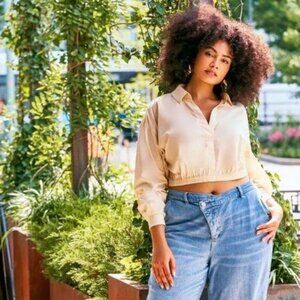 Eloquii Elastic Waist Blouse with‎ Collar in Brazilian Sand Sz 24